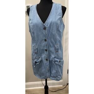 Vintage 90s Denim Sleeveless Jumper Dress Cargo Pockets Grunge Y2K Pottery Large
